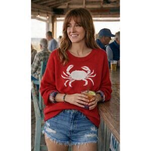 LOFT Red Crab Graphic Sweater XL Nautical Relaxed Knit Structured Crew Neck
